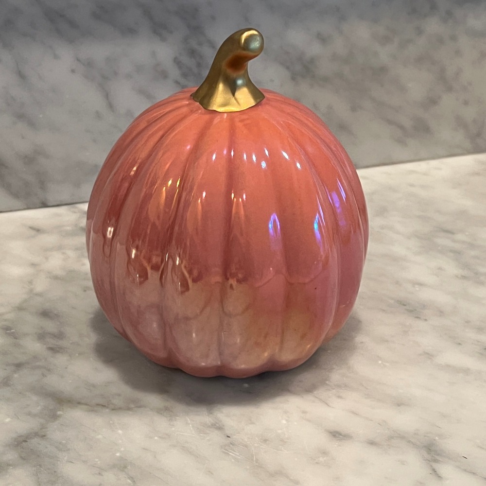 Pink Iridescent Ceramic Pumpkin Gold Stem Fall Decor Preppy Glam Aesthetic